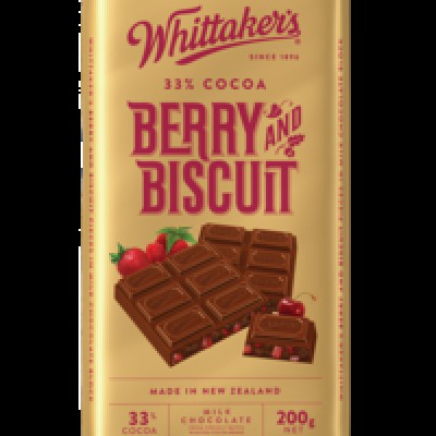 WHITTAKER'S Blocks Berry & Biscuit 200gm Pack (14 units perCarton) (14 Units Per Carton)