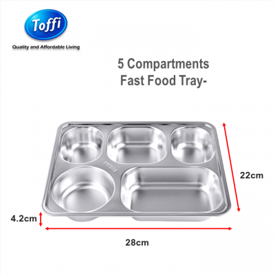 5 Compartments Fast Food Tray Stainless Steel Toffi (B6021)