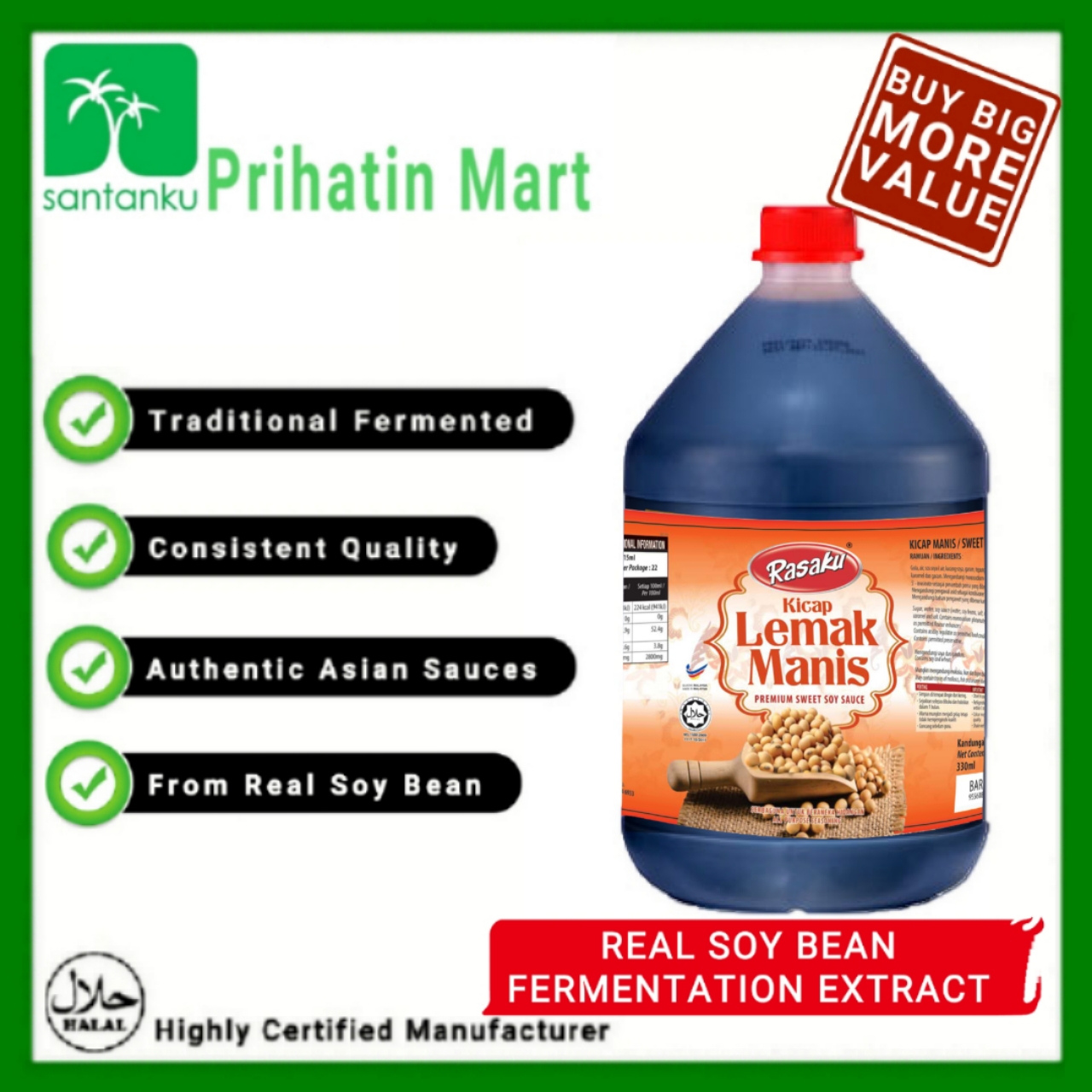 Rasaku Premium Sweet Soy Sauce (Kicap Lemak Manis) 3.3L (4 Units Per Carton)
