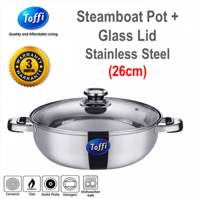 [TOFFI] 26cm Steamboat Pot Stainless Steel + Glass Lid (B2826G)